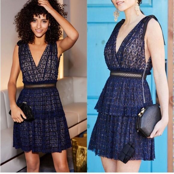 Self-Portrait V-Neck Metallic  Mesh Navy Dress - Picture 1 of 13